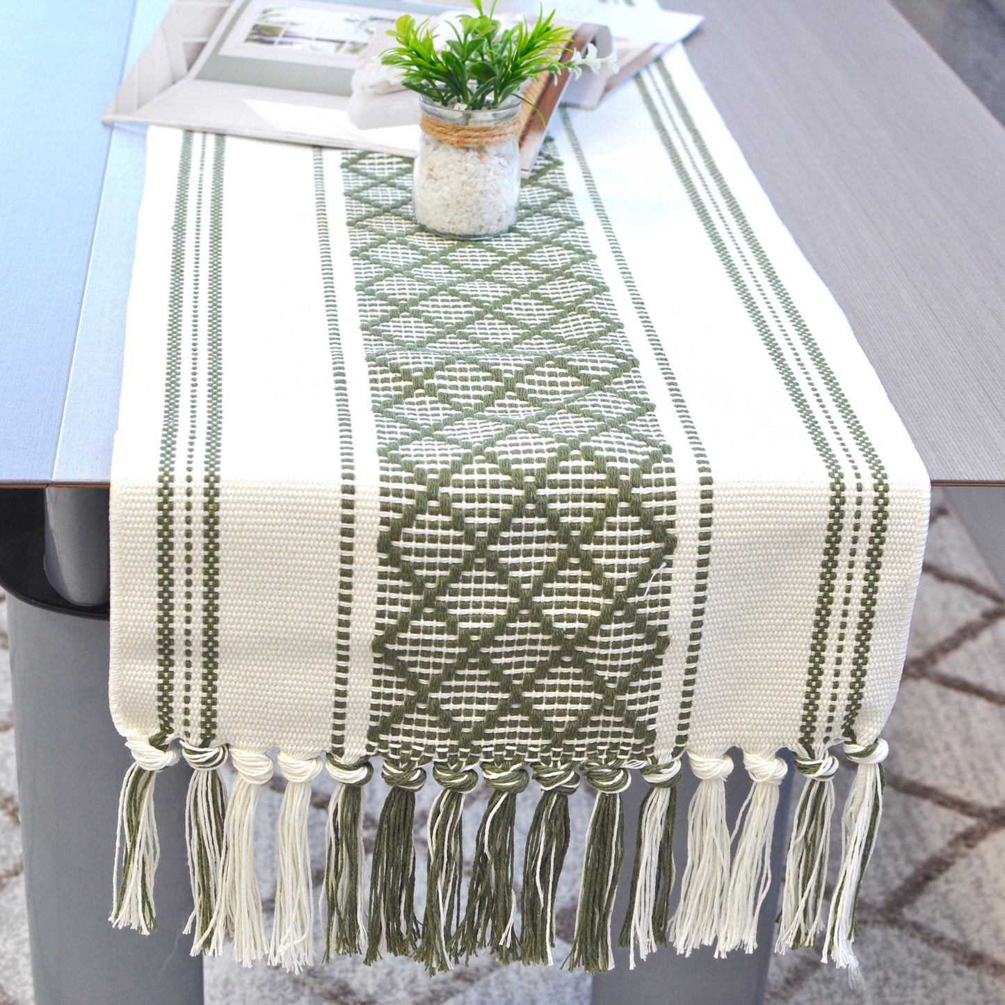 Table Runner, Olive Green / Off White | Woven Washable Farmhouse/Boho Dresser Scarf | Console/Coffee Table Runner