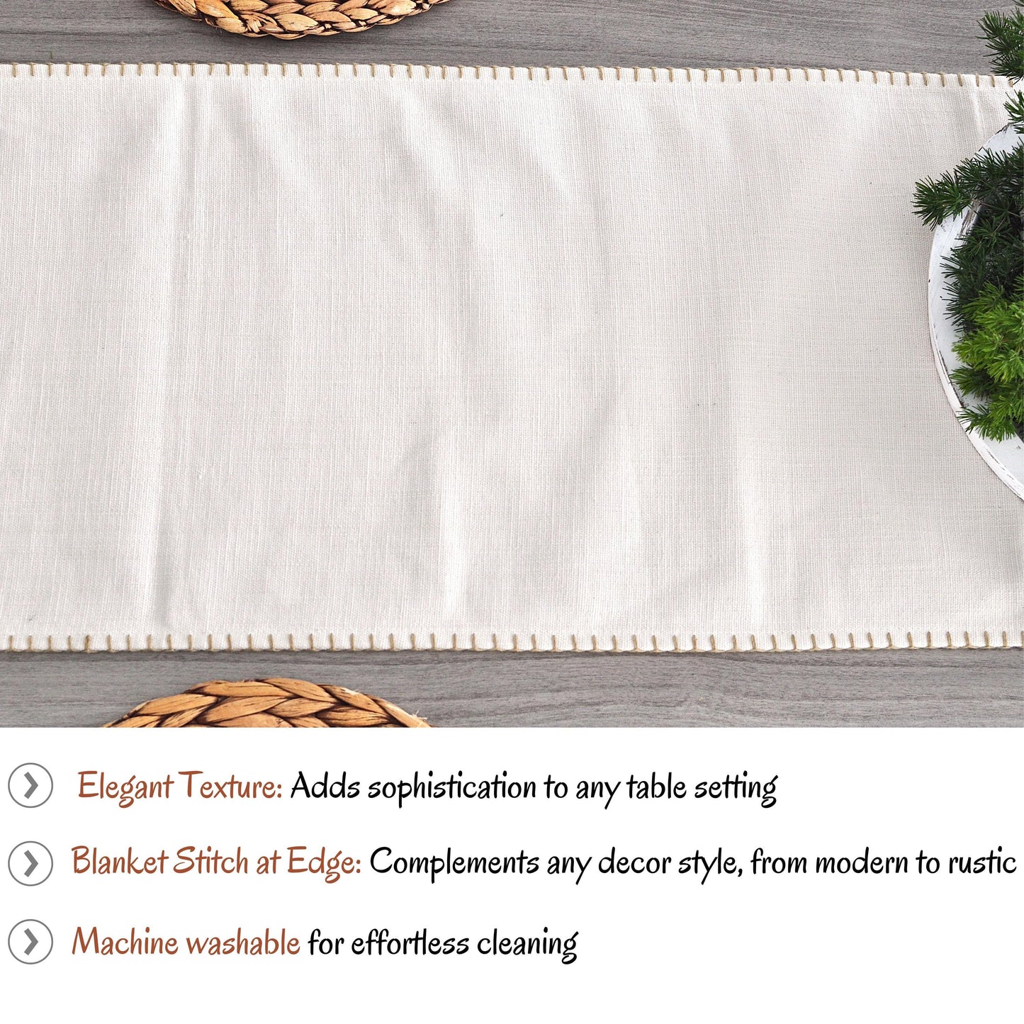 Organic Cotton Table Runners & Placemats with Blanket Stitch Edge Rustic Farmhouse Linen Like Textured Cloth Dresser Scarf Dining Room