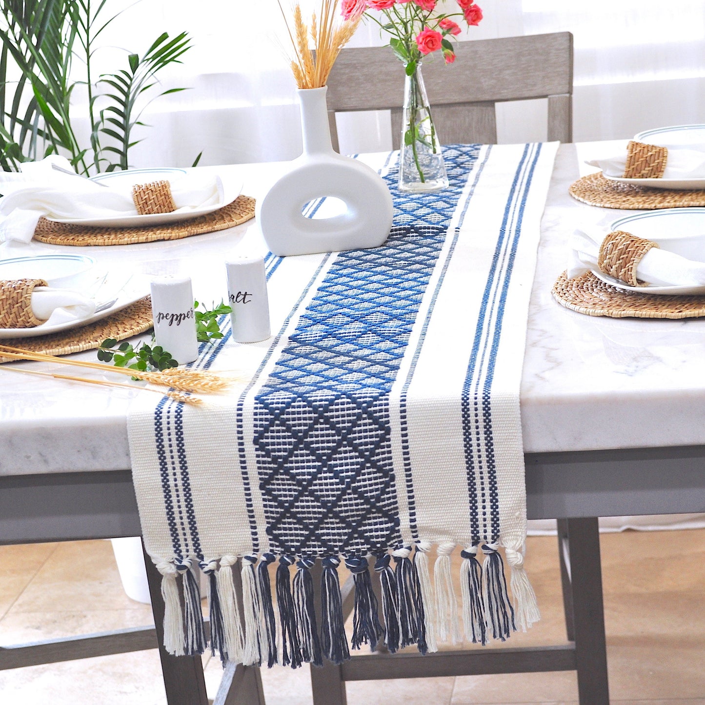 Table Runner with Tassels Cotton Woven Washable Boho Farmhouse Dining Table Runner Dresser Scarf Console Table Runner and Topper Checkered