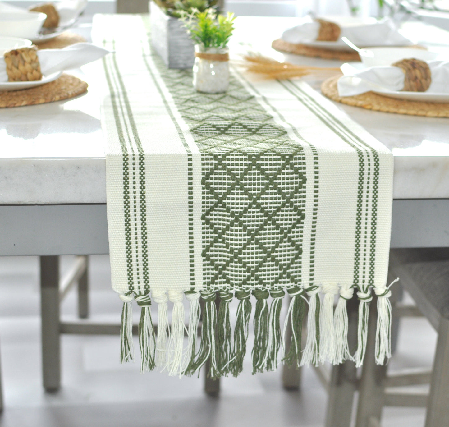 Table Runner, Olive Green / Off White | Woven Washable Farmhouse/Boho Dresser Scarf | Console/Coffee Table Runner