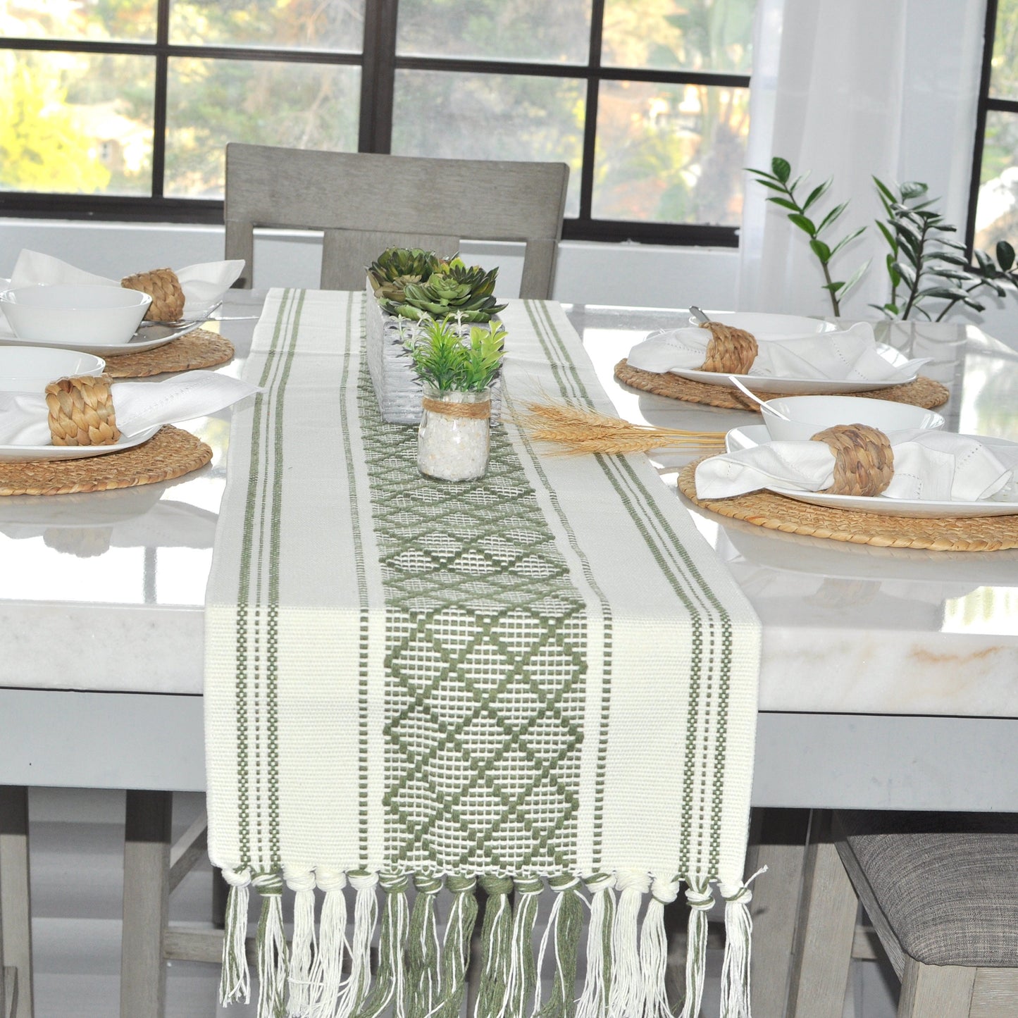 Table Runner, Olive Green / Off White | Woven Washable Farmhouse/Boho Dresser Scarf | Console/Coffee Table Runner