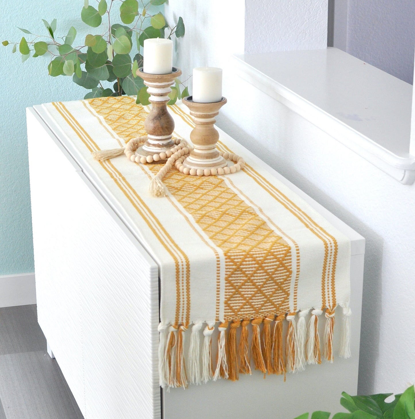 Table Runner with Tassels Cotton Woven Washable Boho Farmhouse Dining Table Runner Dresser Scarf Console Table Runner and Topper Checkered