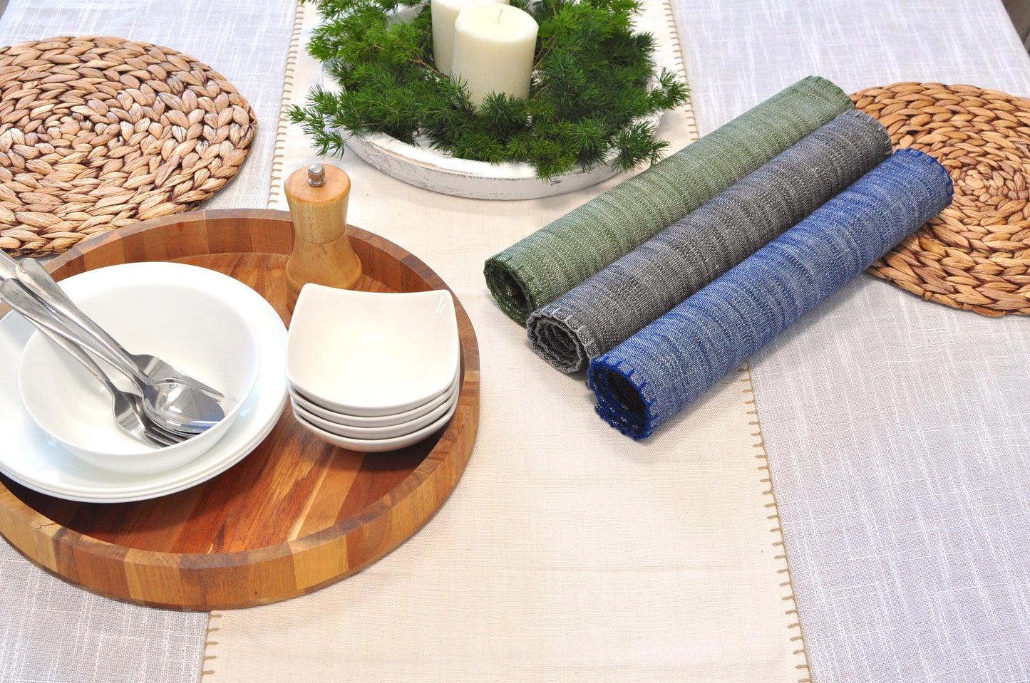 Organic Cotton Table Runners & Placemats with Blanket Stitch Edge Rustic Farmhouse Linen Like Textured Cloth Dresser Scarf Dining Room