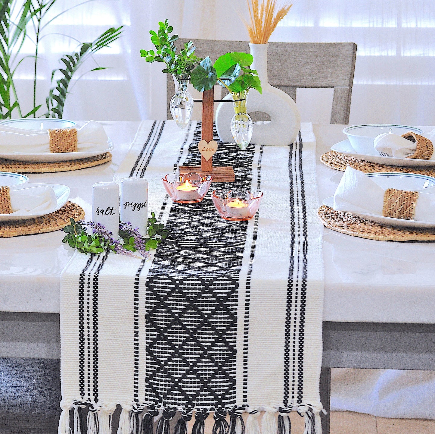 Table Runner with Tassels Cotton Woven Washable Boho Farmhouse Dining Table Runner Dresser Scarf Console Table Runner and Topper Checkered