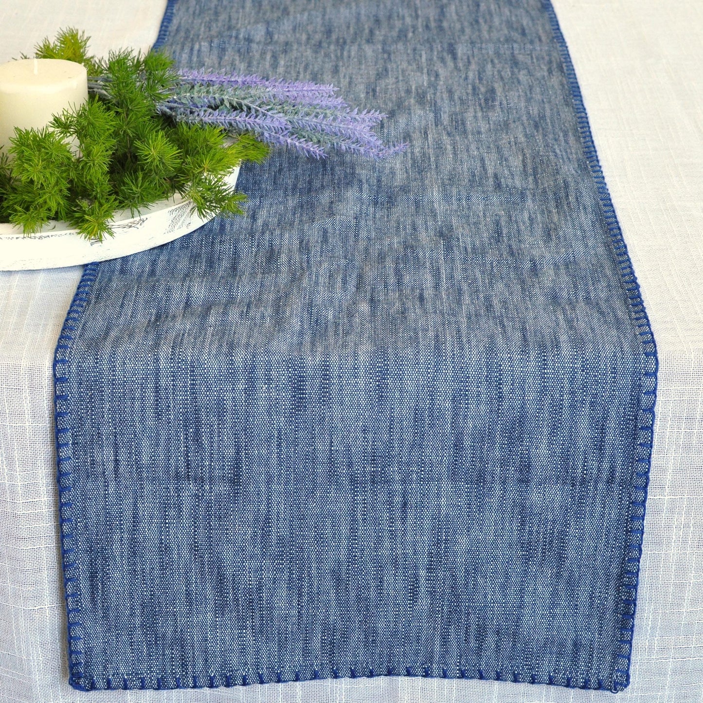 Organic Cotton Table Runners & Placemats with Blanket Stitch Edge Rustic Farmhouse Linen Like Textured Cloth Dresser Scarf Dining Room