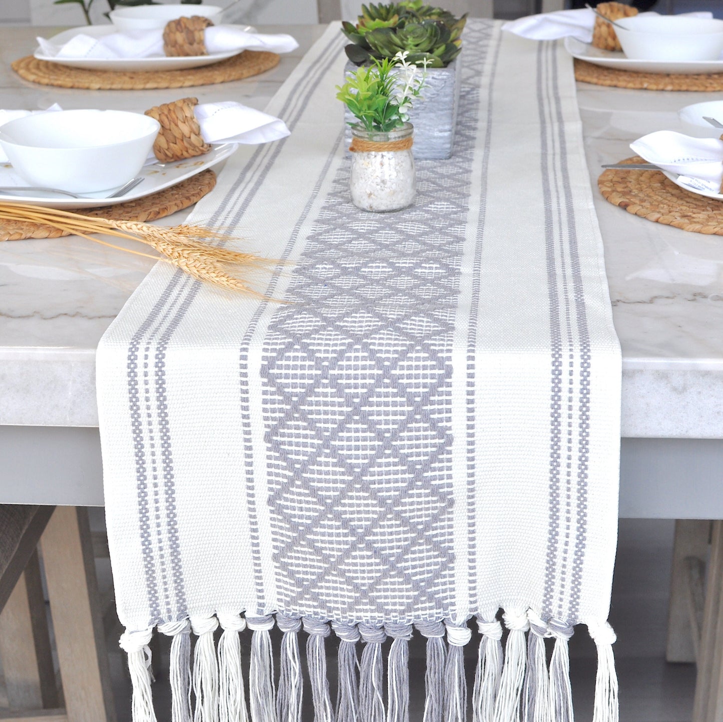 Table Runner with Tassels Cotton Woven Washable Boho Farmhouse Dining Table Runner Dresser Scarf Console Table Runner and Topper Checkered