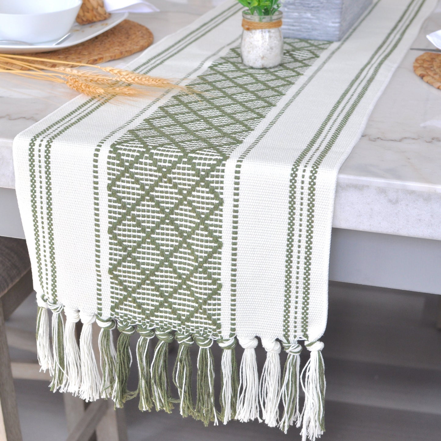 Table Runner, Olive Green / Off White | Woven Washable Farmhouse/Boho Dresser Scarf | Console/Coffee Table Runner