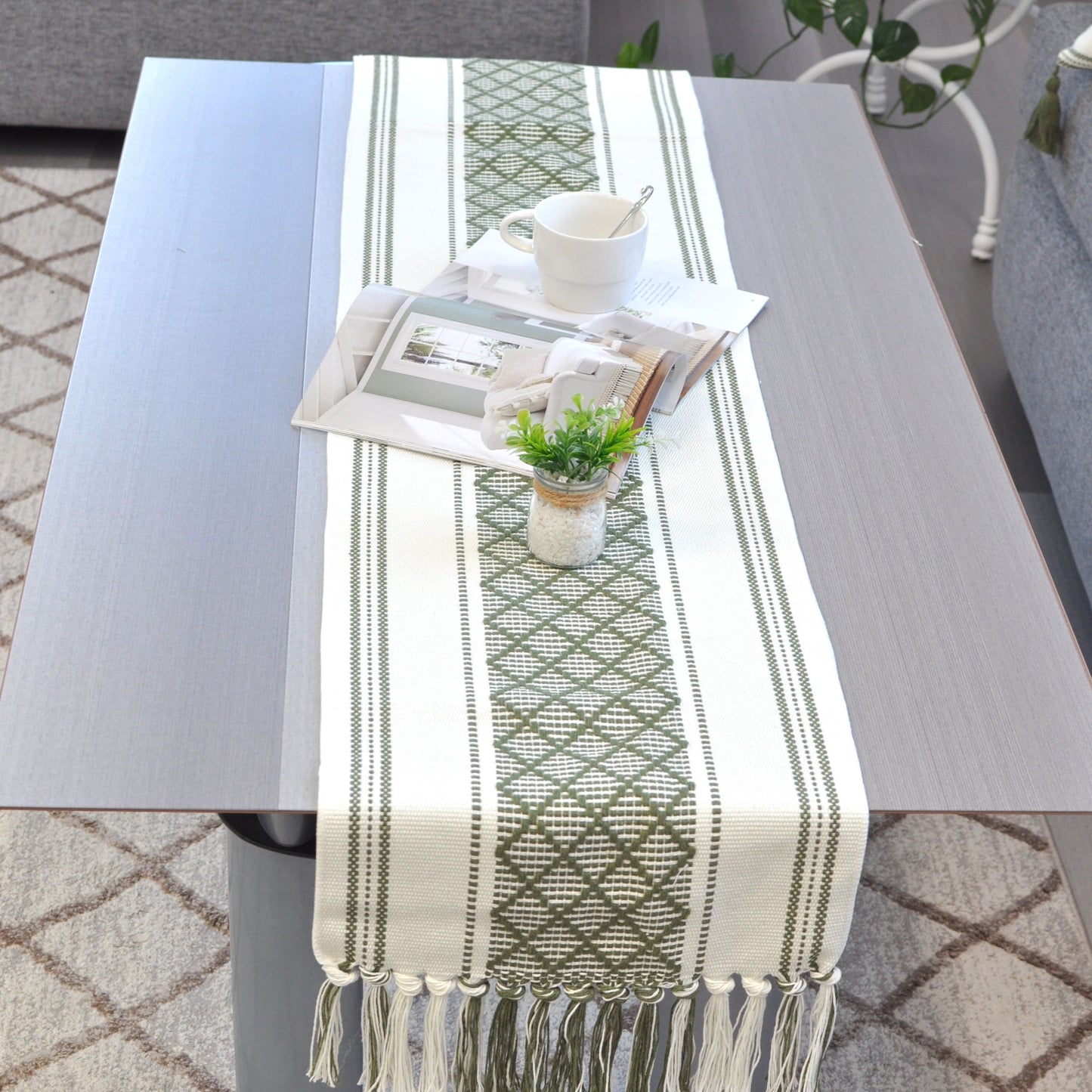 Table Runner, Olive Green / Off White | Woven Washable Farmhouse/Boho Dresser Scarf | Console/Coffee Table Runner