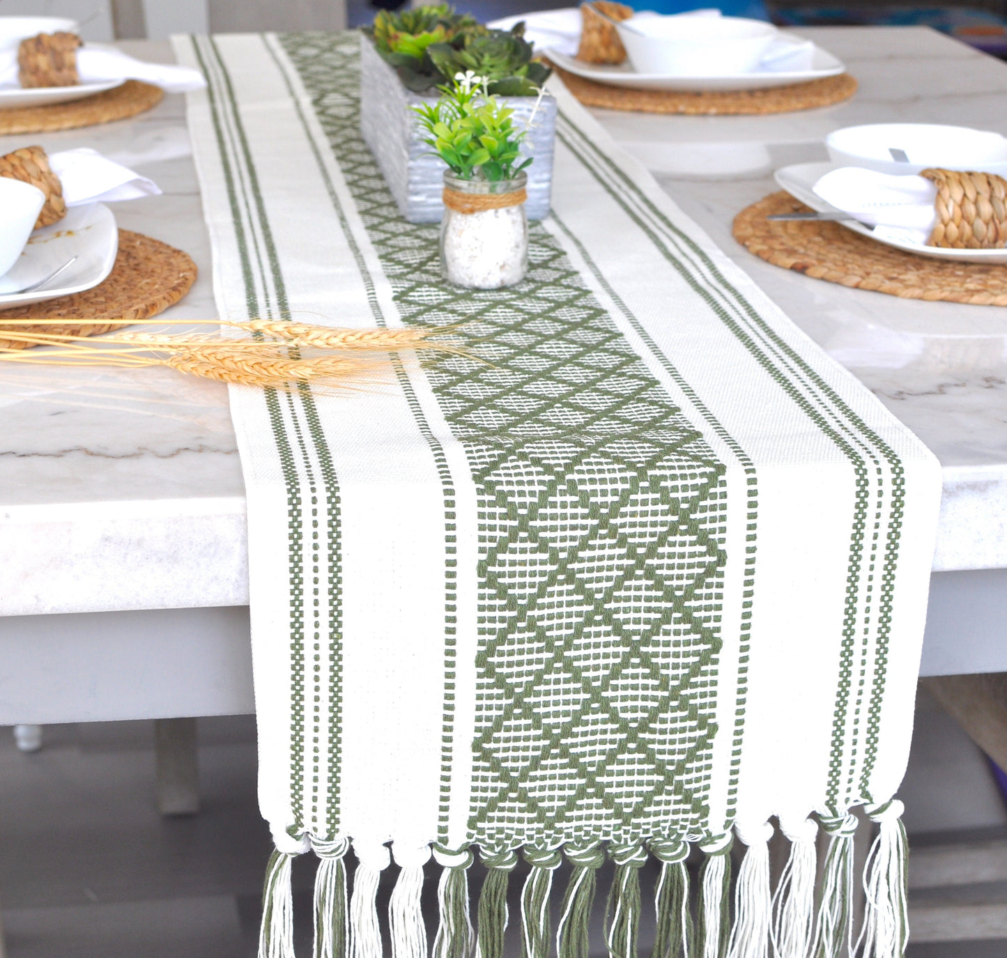 Table Runner, Olive Green / Off White | Woven Washable Farmhouse/Boho Dresser Scarf | Console/Coffee Table Runner