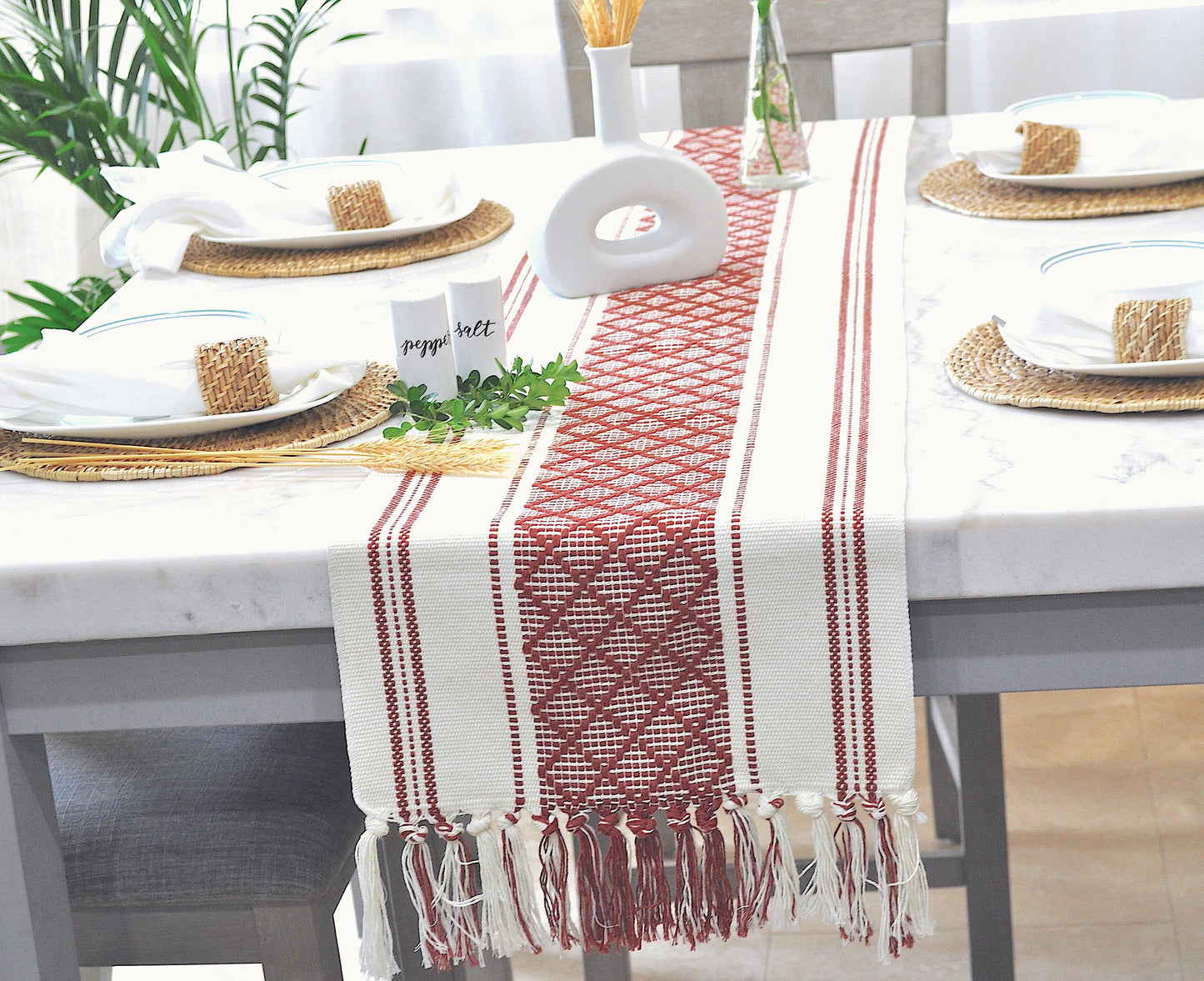 Table Runner with Tassels Cotton Woven Washable Boho Farmhouse Dining Table Runner Dresser Scarf Console Table Runner and Topper Checkered