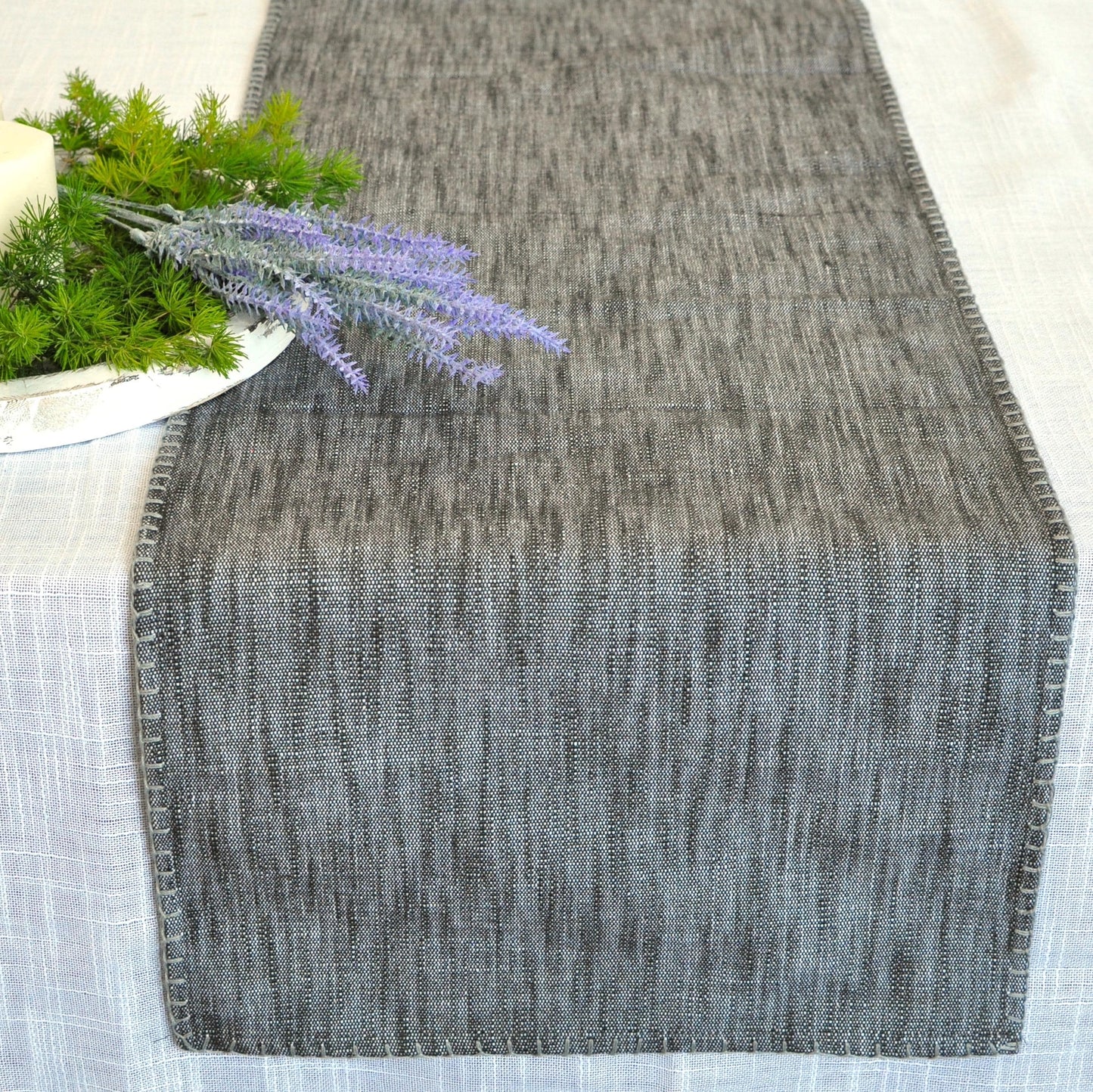 Organic Cotton Table Runners & Placemats with Blanket Stitch Edge Rustic Farmhouse Linen Like Textured Cloth Dresser Scarf Dining Room