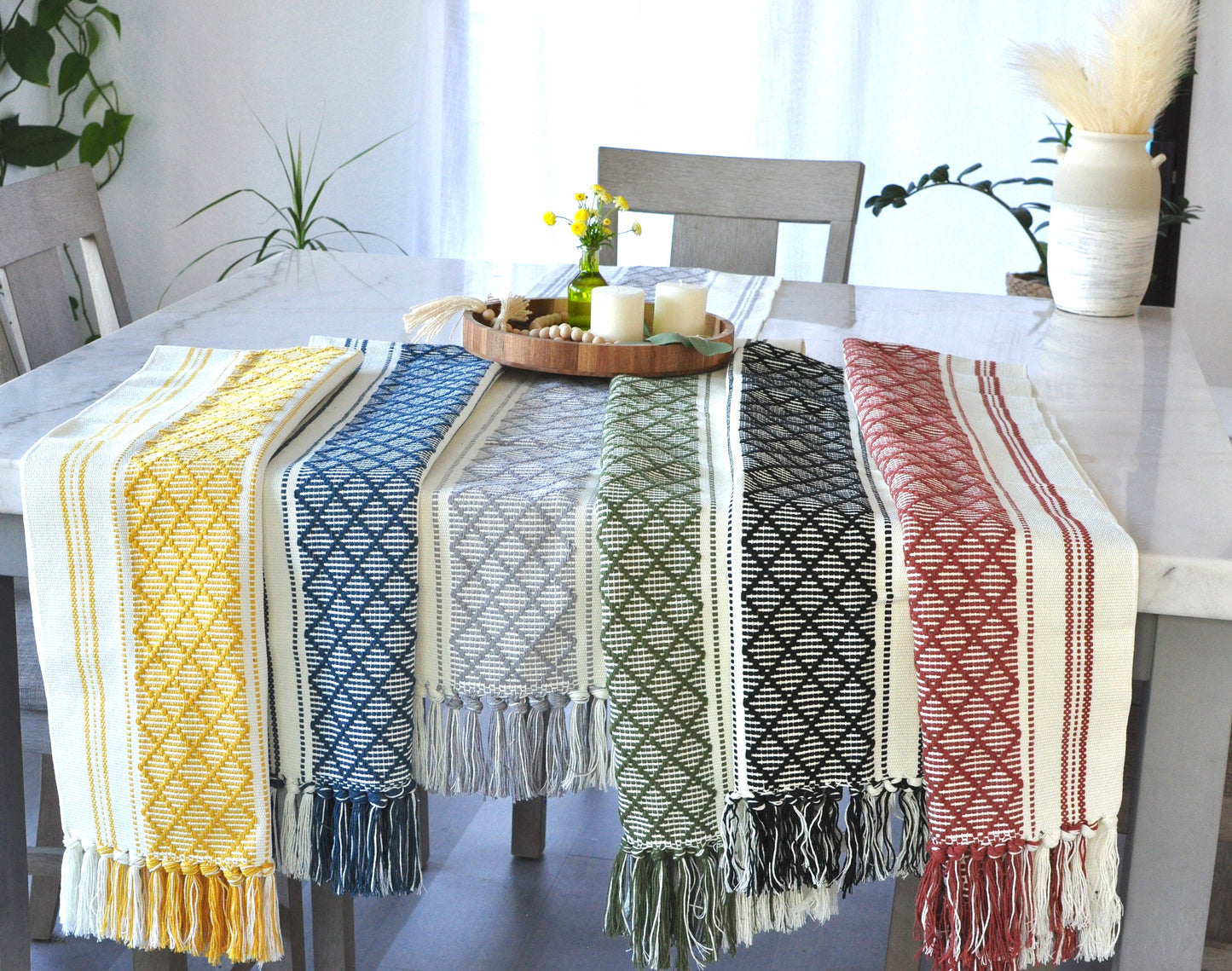 Table Runner, Olive Green / Off White | Woven Washable Farmhouse/Boho Dresser Scarf | Console/Coffee Table Runner