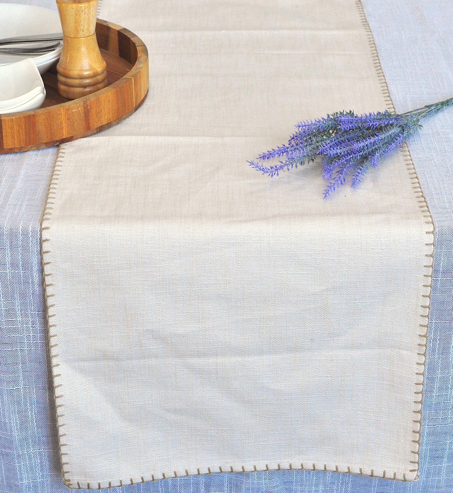 Organic Cotton Table Runners & Placemats with Blanket Stitch Edge Rustic Farmhouse Linen Like Textured Cloth Dresser Scarf Dining Room