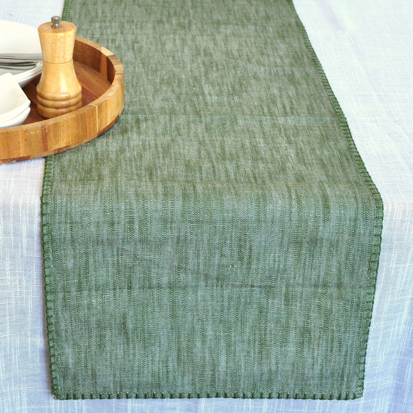 Organic Cotton Table Runners & Placemats with Blanket Stitch Edge Rustic Farmhouse Linen Like Textured Cloth Dresser Scarf Dining Room