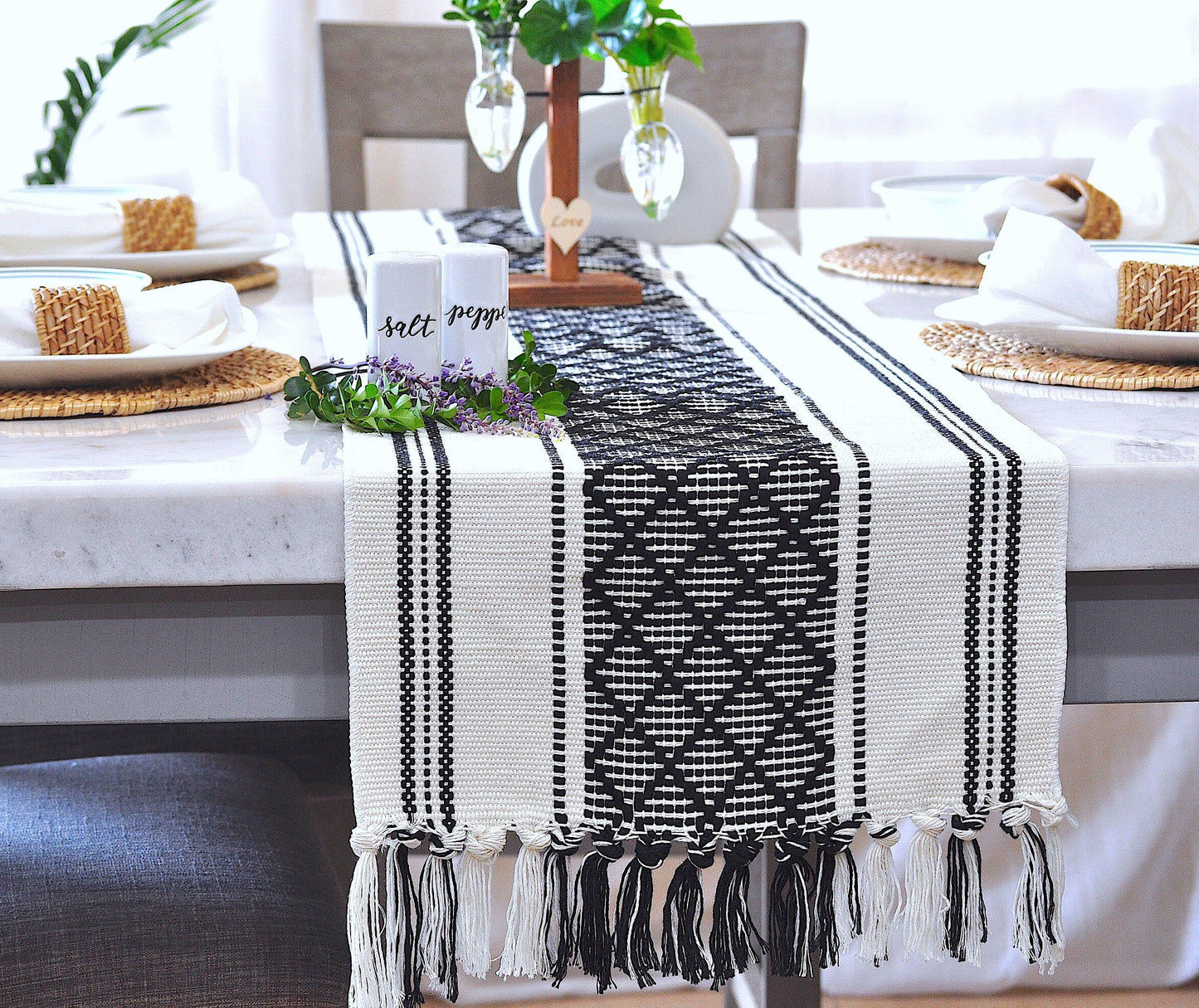 Dining Table Runner with Tassels, Black & Cream |  Dresser Scarf | Console Table Runner | Coffee Table Runner, Elegant Boho Farmhouse Style