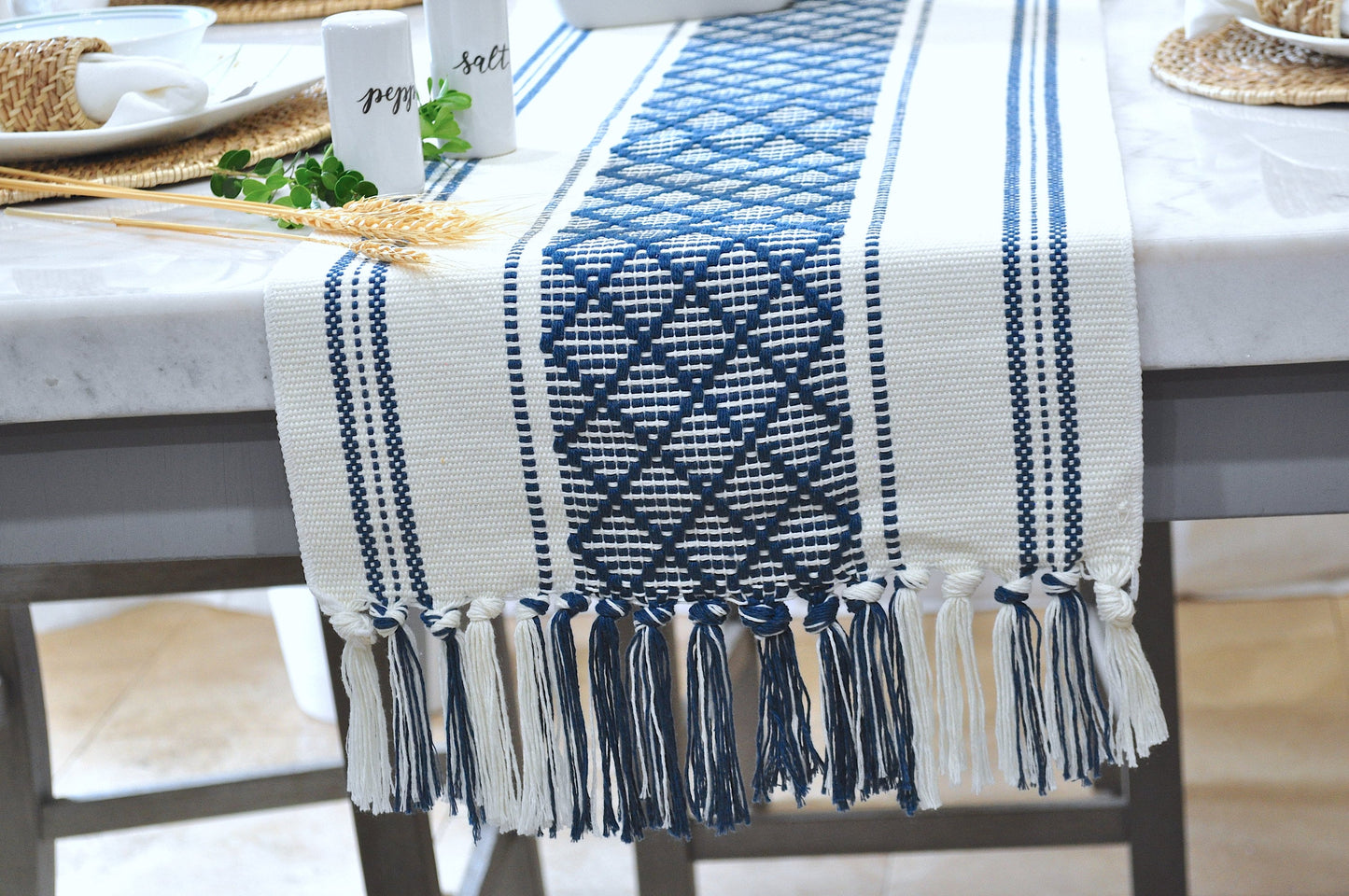 Boho Table Runner, Navy Blue & Cream | Cotton Woven Washable Farmhouse Dresser Scarf | Console/Coffee Table Runner