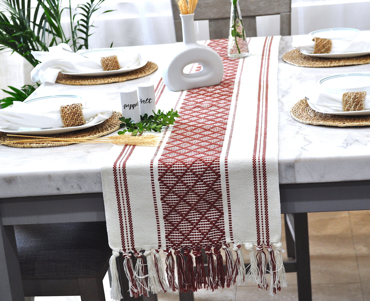 Cotton Woven Dining Table Runner with Tassels, Rust Brown and Cream | Washable  Boho Farmhouse Dresser/Console Table Runner and Topper Plaid