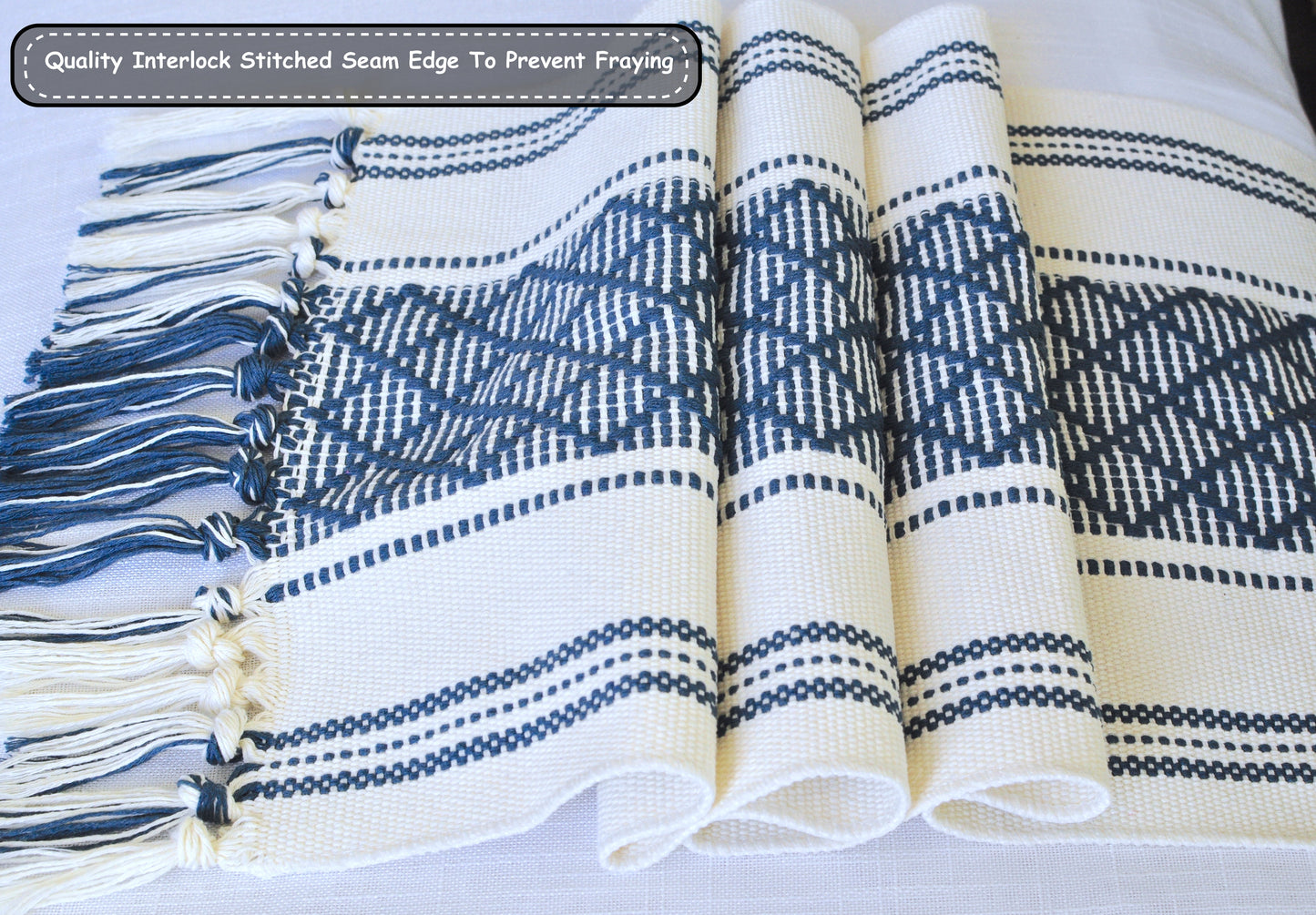 Boho Table Runner, Navy Blue & Cream | Cotton Woven Washable Farmhouse Dresser Scarf | Console/Coffee Table Runner