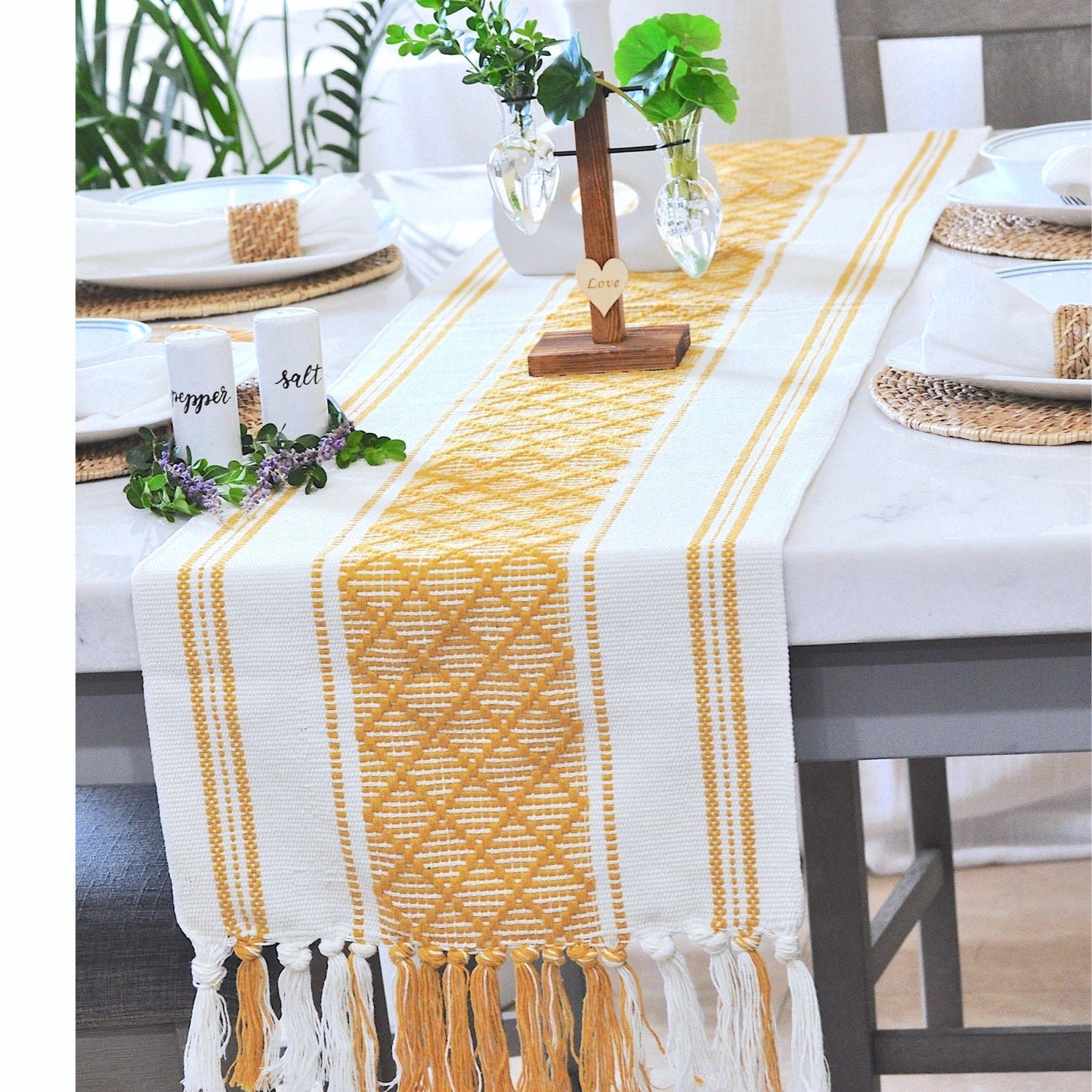 Cotton Woven Table Runner with Tassels, Mustard Yellow & Cream | Washable Farmhouse Dresser Scarf/ Console Table Cover for Fall Season Decor