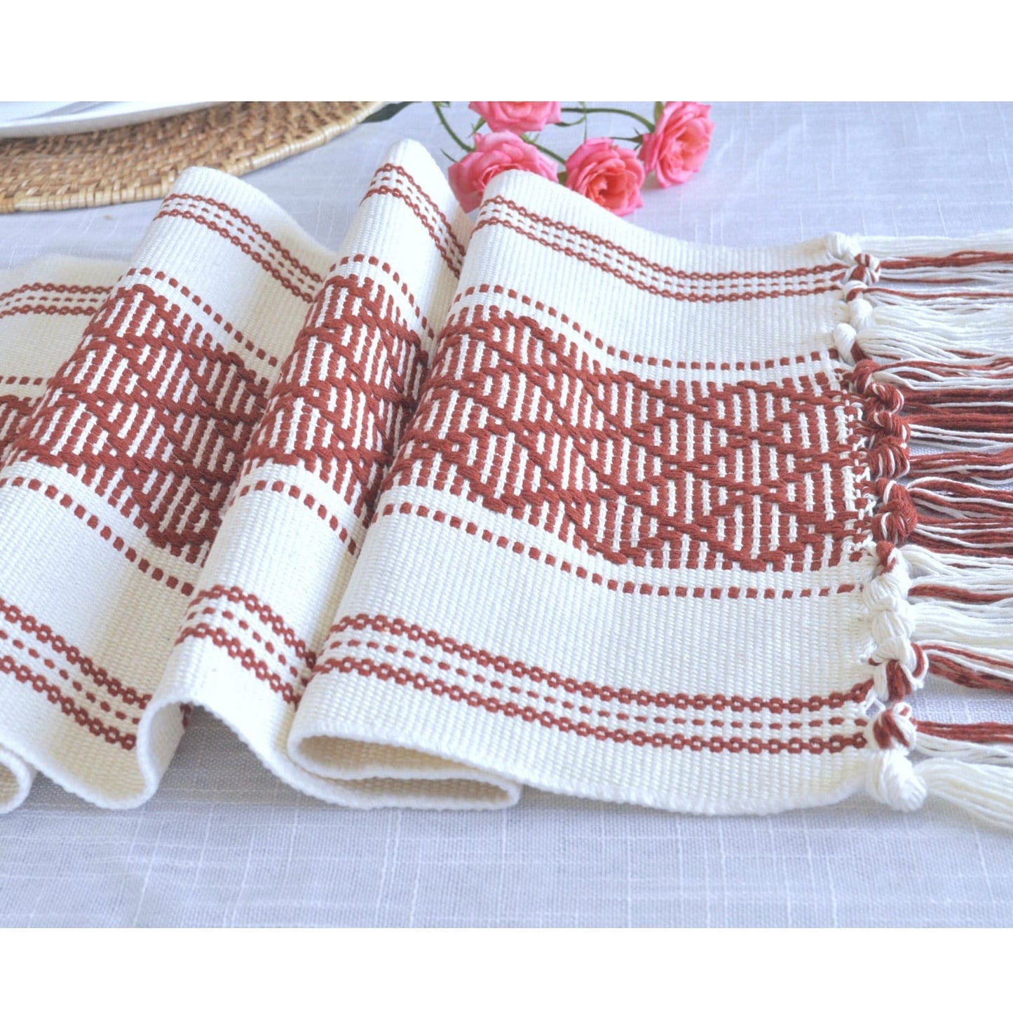 Cotton Woven Dining Table Runner with Tassels, Rust Brown and Cream | Washable  Boho Farmhouse Dresser/Console Table Runner and Topper Plaid