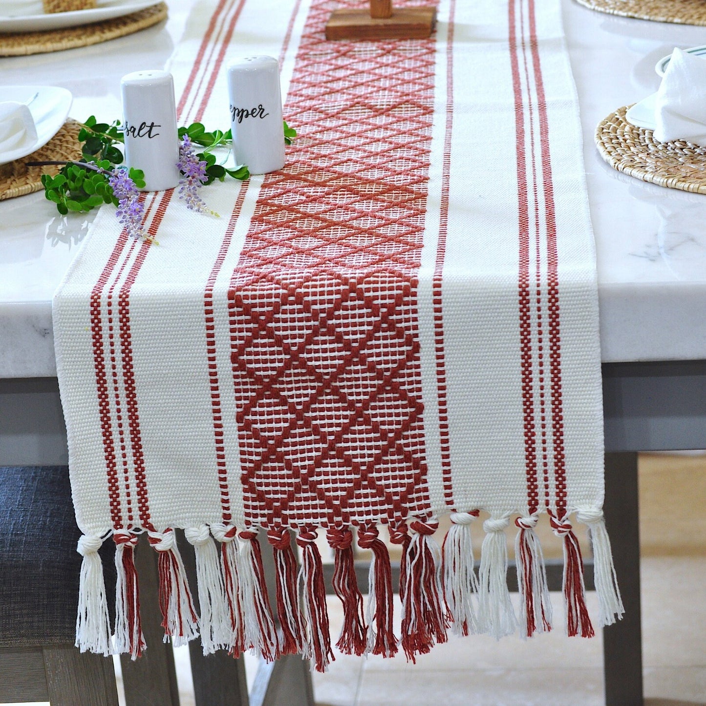 Cotton Woven Dining Table Runner with Tassels, Rust Brown and Cream | Washable  Boho Farmhouse Dresser/Console Table Runner and Topper Plaid