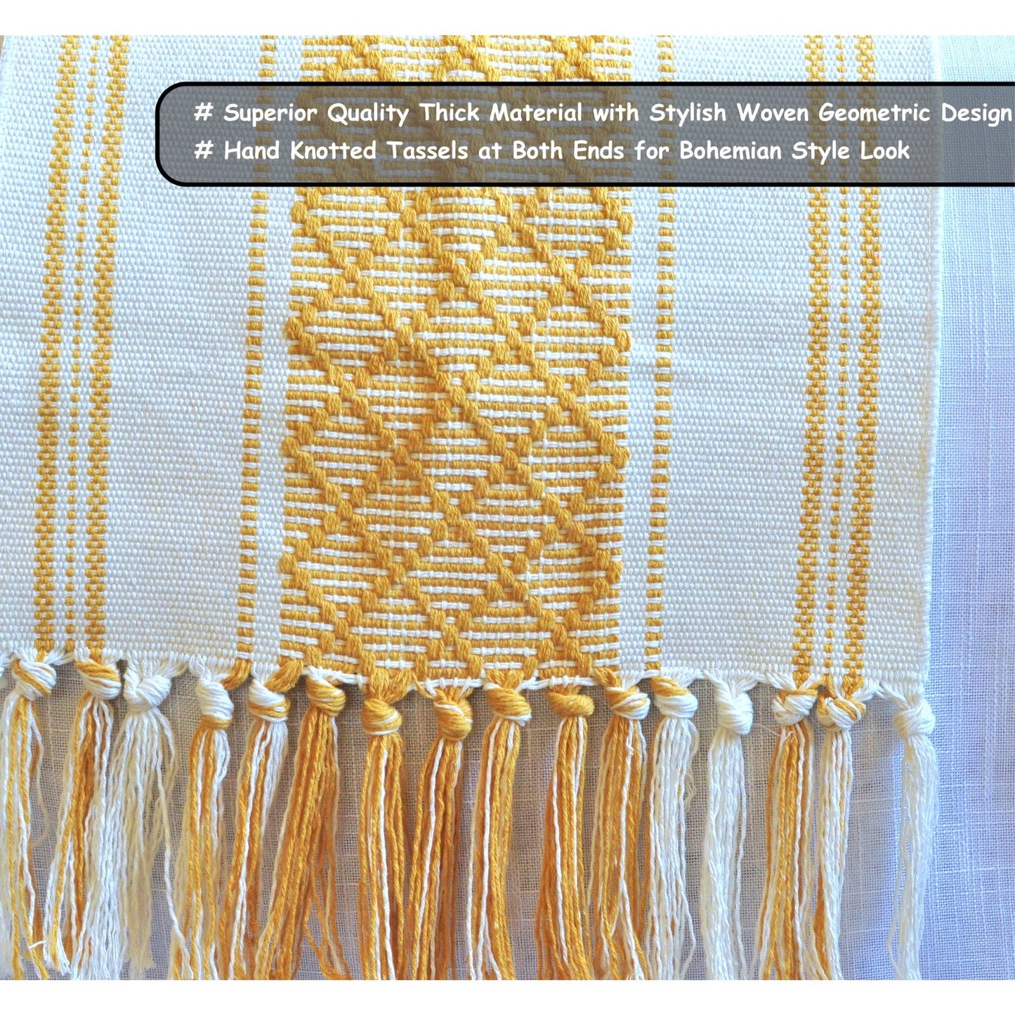 Cotton Woven Table Runner with Tassels, Mustard Yellow & Cream | Washable Farmhouse Dresser Scarf/ Console Table Cover for Fall Season Decor