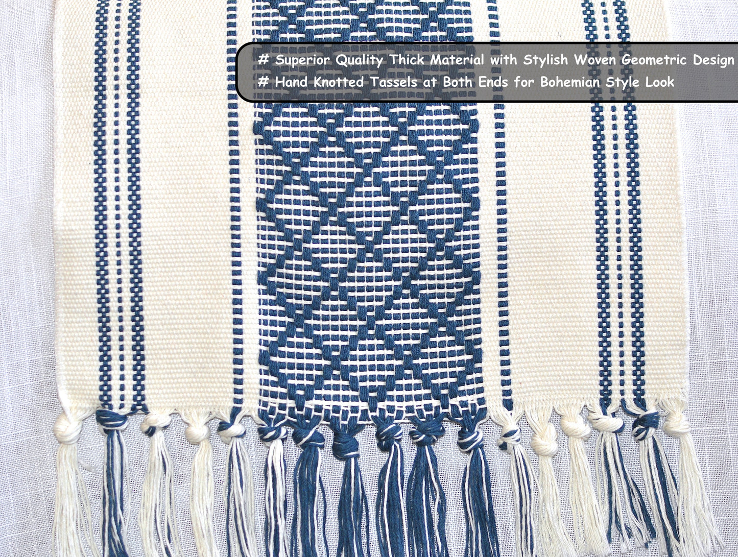 Boho Table Runner, Navy Blue & Cream | Cotton Woven Washable Farmhouse Dresser Scarf | Console/Coffee Table Runner