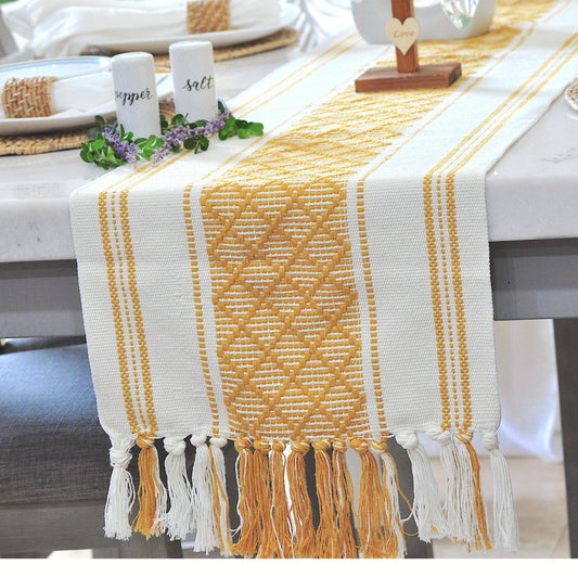 Cotton Woven Table Runner with Tassels, Mustard Yellow & Cream | Washable Farmhouse Dresser Scarf/ Console Table Cover for Fall Season Decor