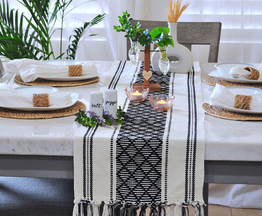 Dining Table Runner with Tassels, Black & Cream |  Dresser Scarf | Console Table Runner | Coffee Table Runner, Elegant Boho Farmhouse Style