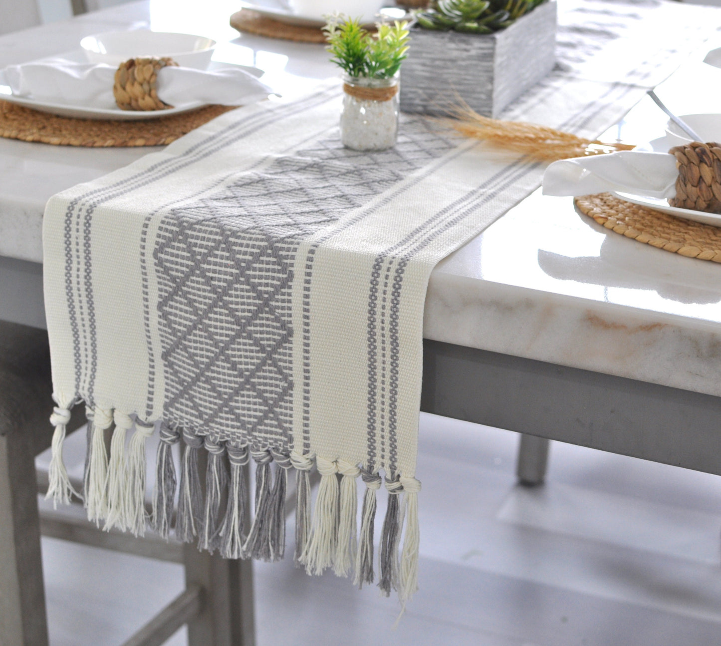 Cotton Geometric Pattern Table Runner, Grey / Off White | Woven Washable Boho Farmhouse Dresser Scarf, Console/Coffee or Dining Table Runner