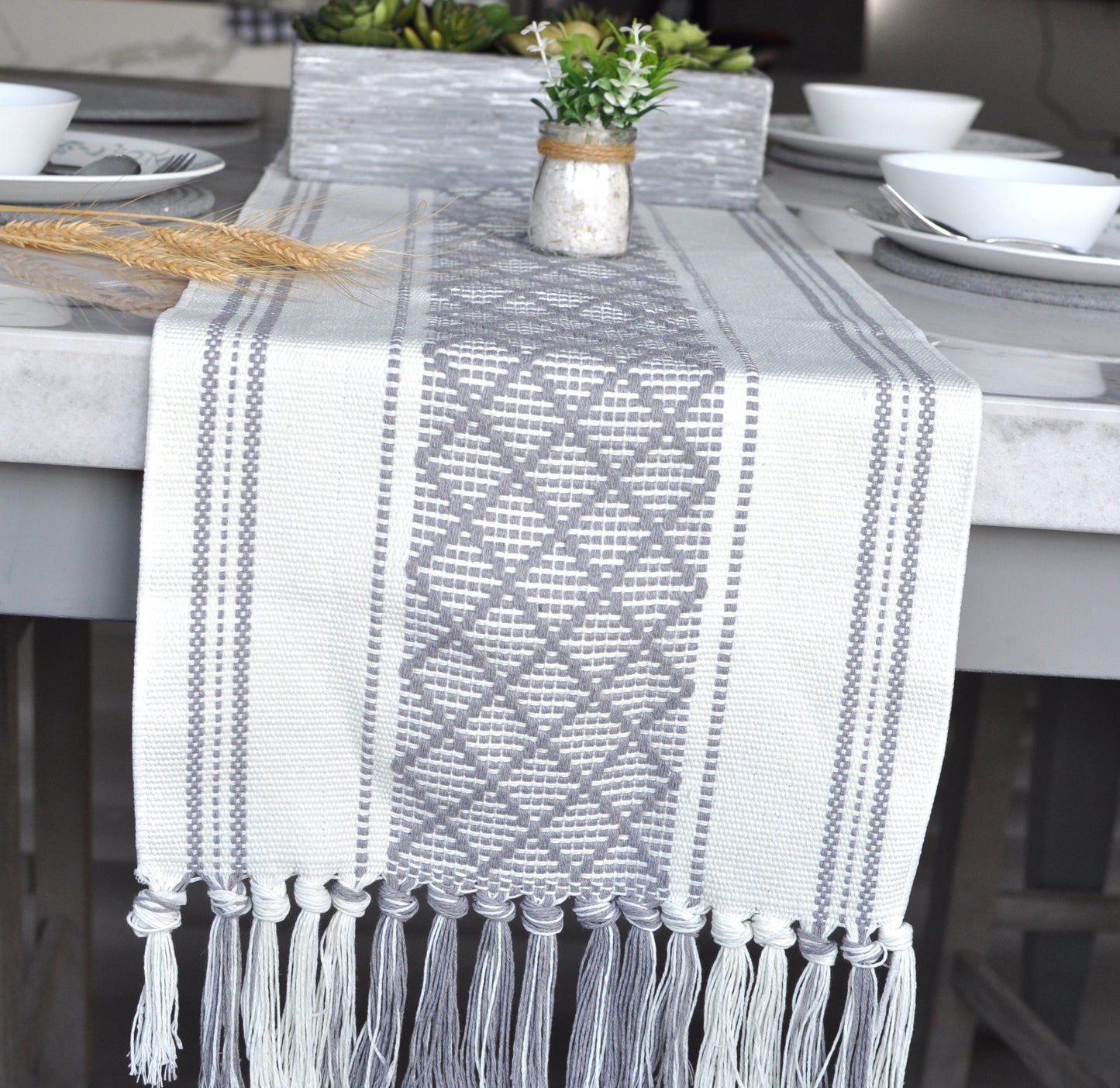 Cotton Geometric Pattern Table Runner, Grey / Off White | Woven Washable Boho Farmhouse Dresser Scarf, Console/Coffee or Dining Table Runner