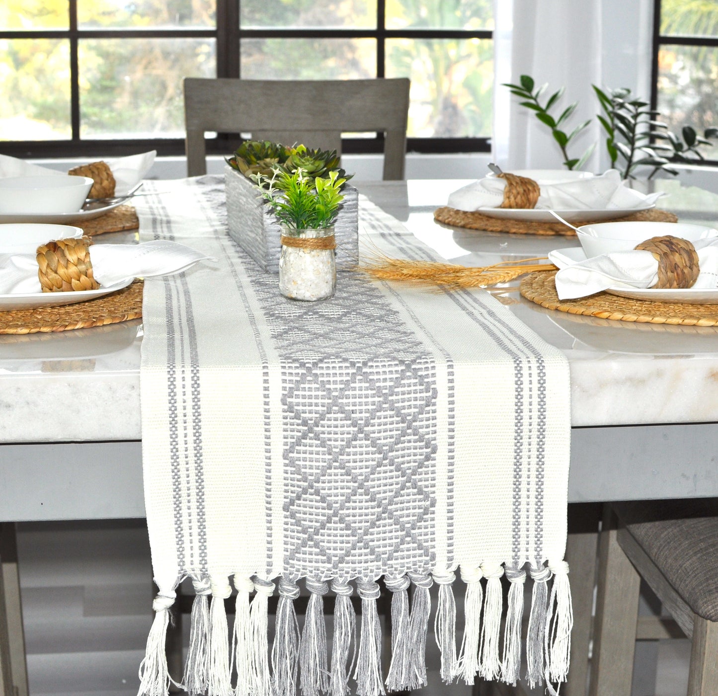 Cotton Geometric Pattern Table Runner, Grey / Off White | Woven Washable Boho Farmhouse Dresser Scarf, Console/Coffee or Dining Table Runner