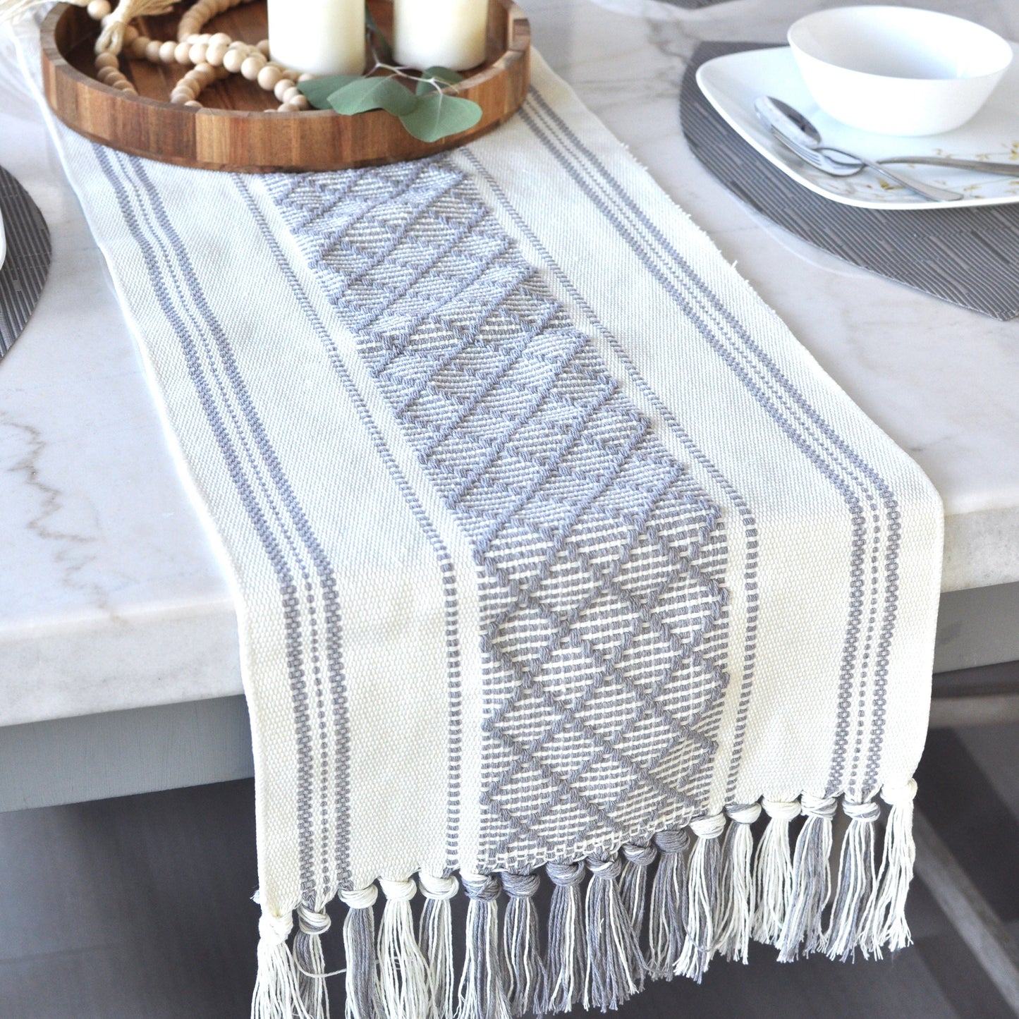 Cotton Geometric Pattern Table Runner, Grey / Off White | Woven Washable Boho Farmhouse Dresser Scarf, Console/Coffee or Dining Table Runner