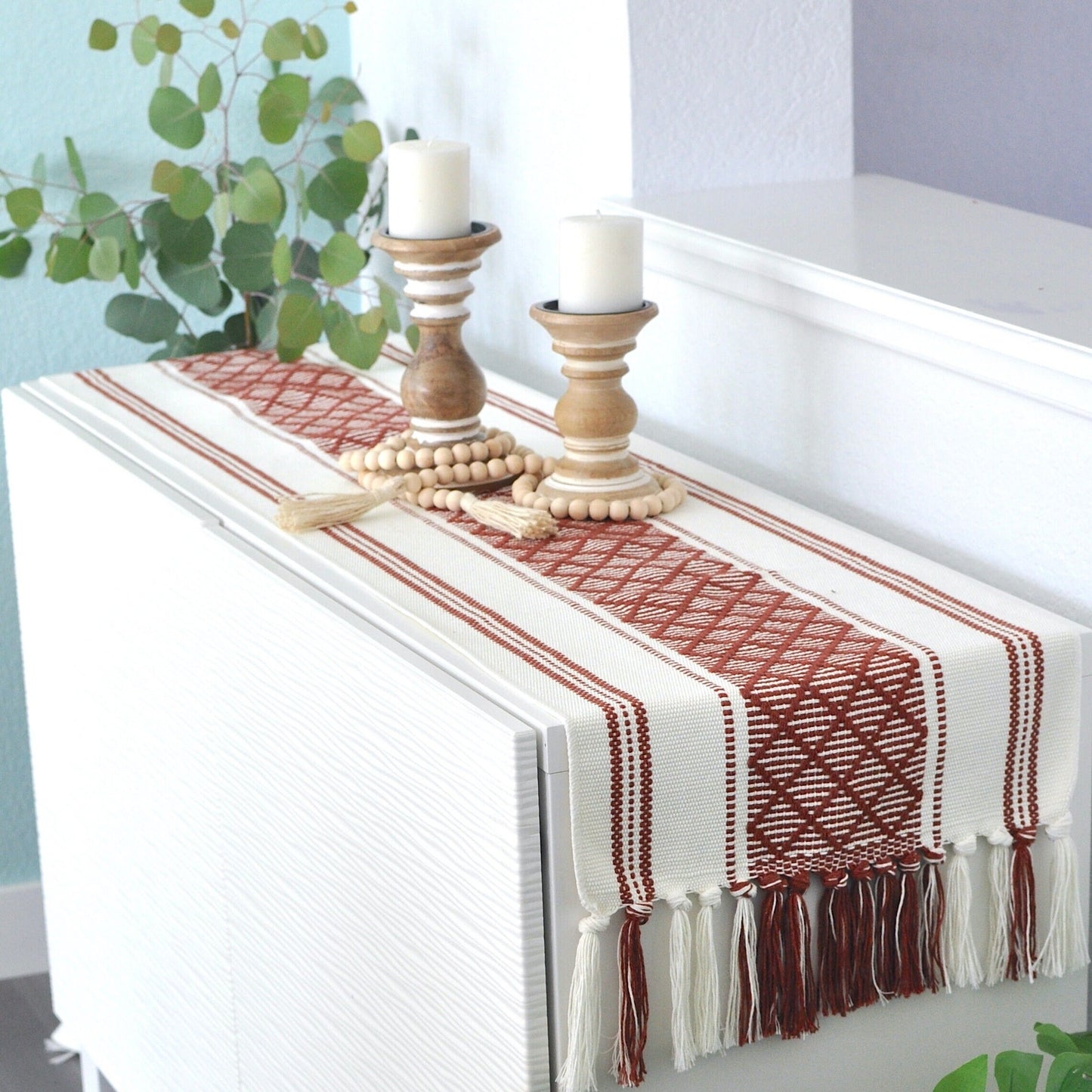 Cotton Woven Dining Table Runner with Tassels, Rust Brown and Cream | Washable  Boho Farmhouse Dresser/Console Table Runner and Topper Plaid